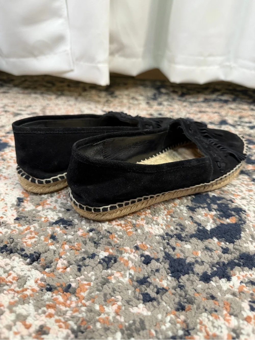 Diane von Furstenberg ‘Cadah’ Black Suede Fringe Trim Espadrilles Flats Size 9
